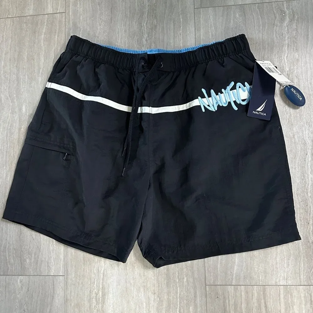 NEW Nautical Men Swim Trunks Black white Stripe Blue Embroidered Nautica Pockets